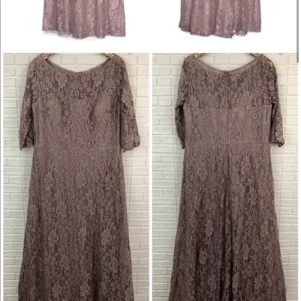 La Femme lace bateau mesh 3/4 sleeve gown dress